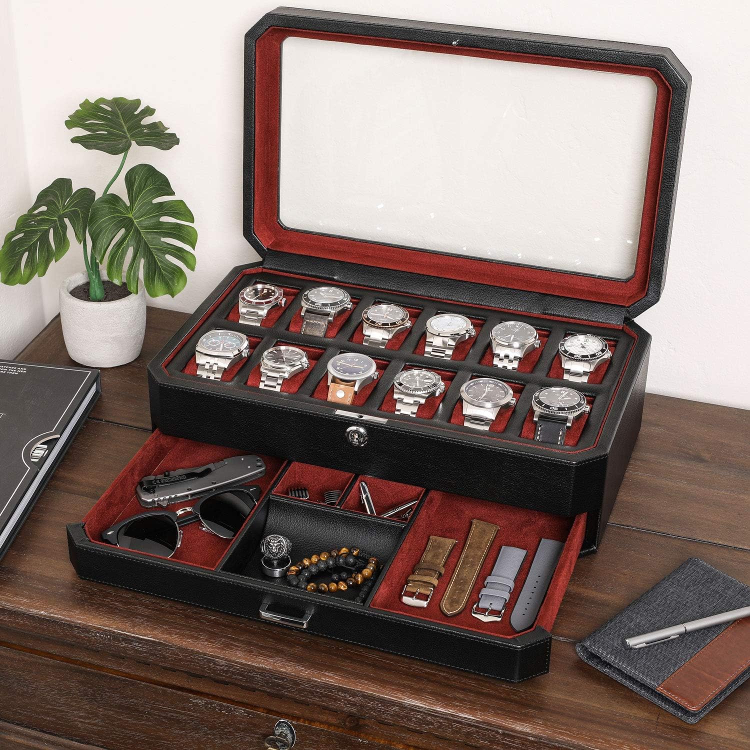 12 Slot Leather Watch Box with - Men Accessories Drawer review and price