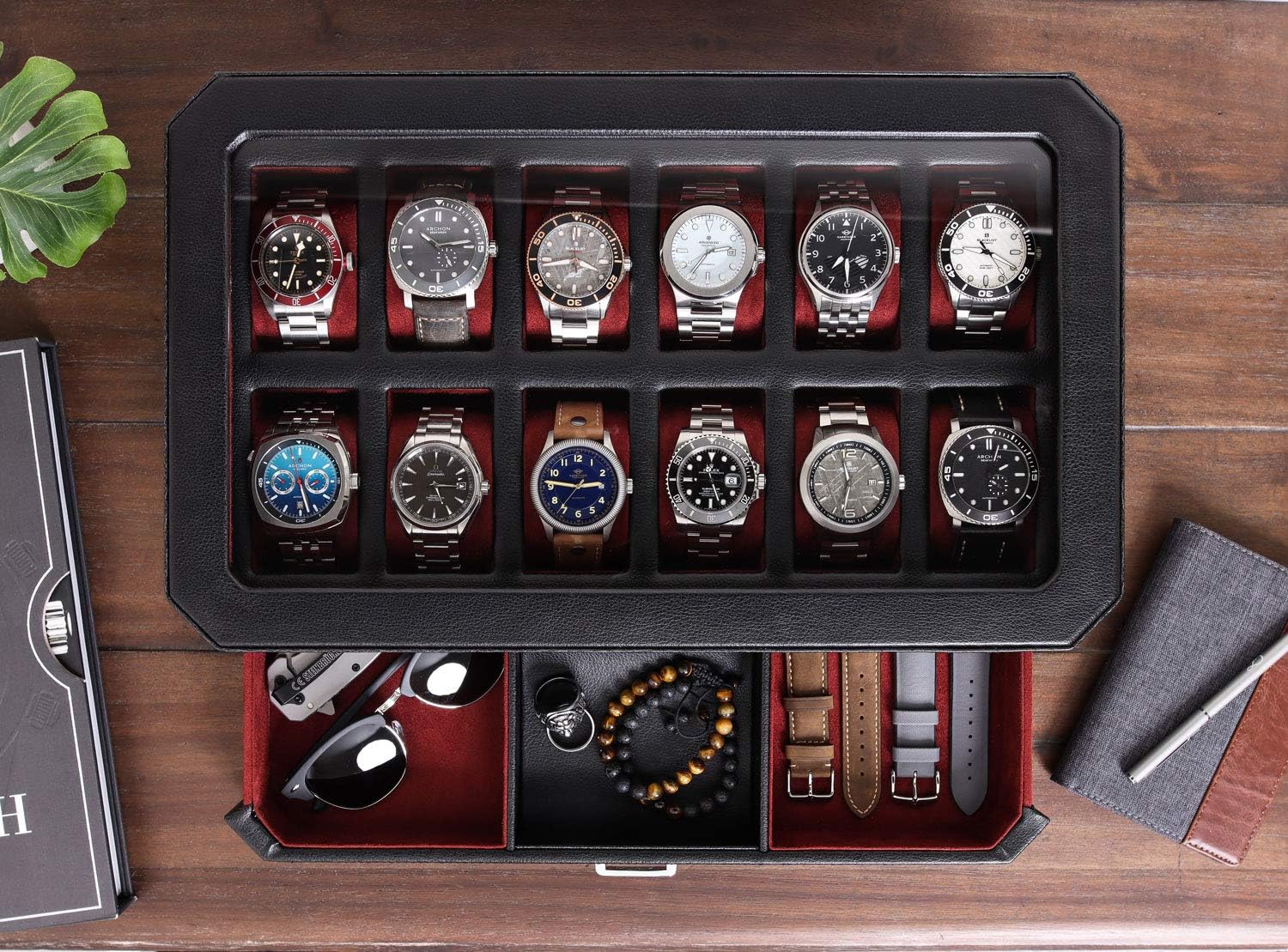 12 Slot Leather Watch Box with - Men Accessories Drawer review and price