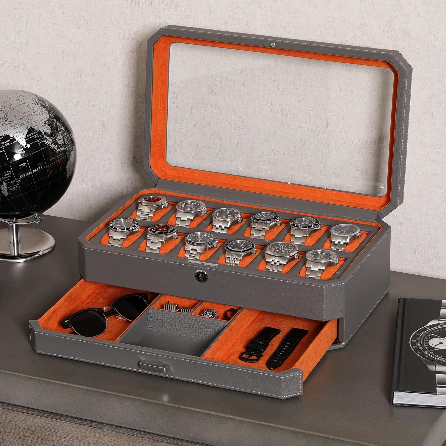 12 Slot Leather Watch Box with - Men Accessories Drawer review and price